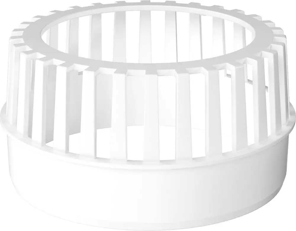 Weißes Zuluftgitter mit runder Form und schlitzförmigen Öffnungen. Ideal für Lüftungssysteme. Produkt von Bosch, für die Verwendung in Abgaszubehör konzipiert.